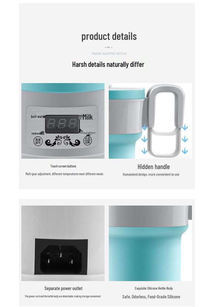 Portable Folding Silicone Electric Kettle with Touch Control and Global Voltage Adapter (110V-220V)