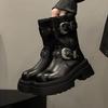Martin Boots Women's Autumn and Winter Velvet Retro Western Boots Belt Buckle British Style Medium Tube Locomotive Short Boots Leather Shoes Black