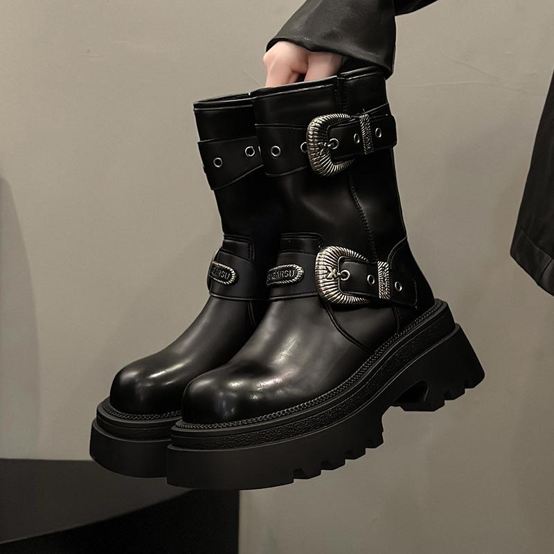 

Martin boots women s autumn and winter velvet retro western boots belt buckle British style medium tube locomotive short boots leather shoes black 35