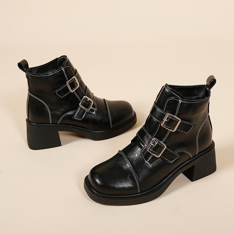 Thick-soled thick-heeled Martin boots  new autumn fashion British style single boots black skirt short boots