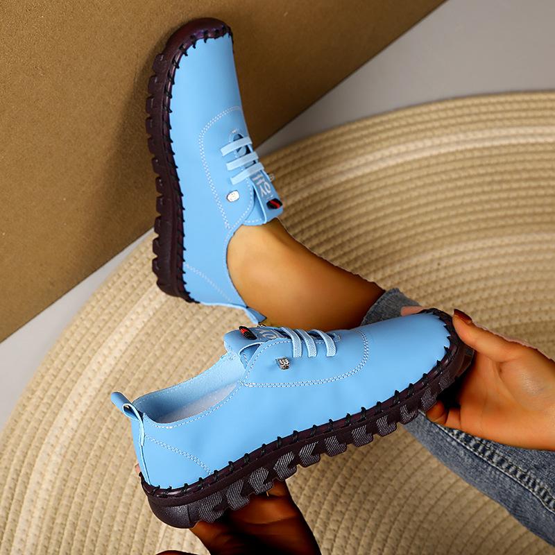 Chaussures à semelles souples, chaussures décontractées à lacets cousues à la main pour femmes, grande taille