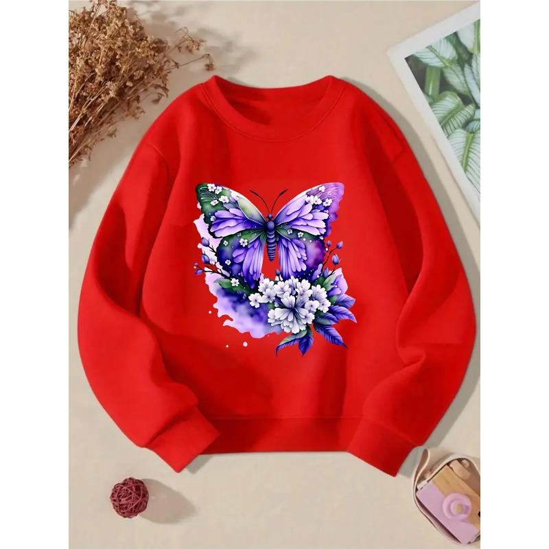 Unisex Crewneck Sweatshirt - Purple Butterfly Floral Pattern Art Machine Washable, Spring And Autumn, Sportswear And Casual Wear, Soft And Comfortable