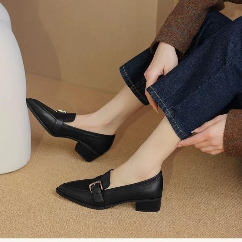 Fashion 2025 New Vintage Thick Heels Women Pumps Retro Buckle Genuine  Mature Pointed Toe Office Lady Working Spring Summer Shoes Woman