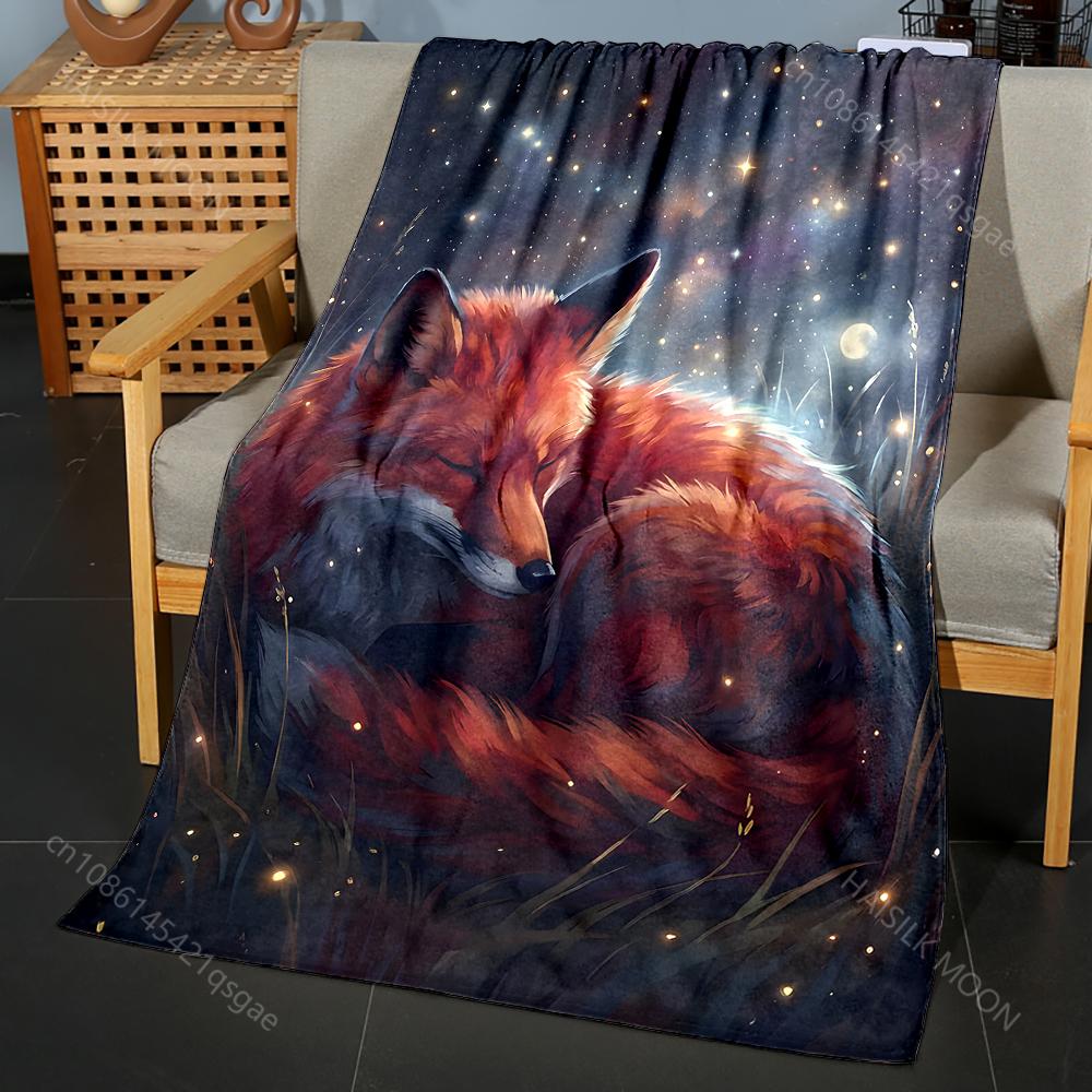 

1PC Sleeping fox under night sky Print Blanket Flannel Material Soft Warm for All Seasons Home Outdoor Camping Picnics RV 75x90cm