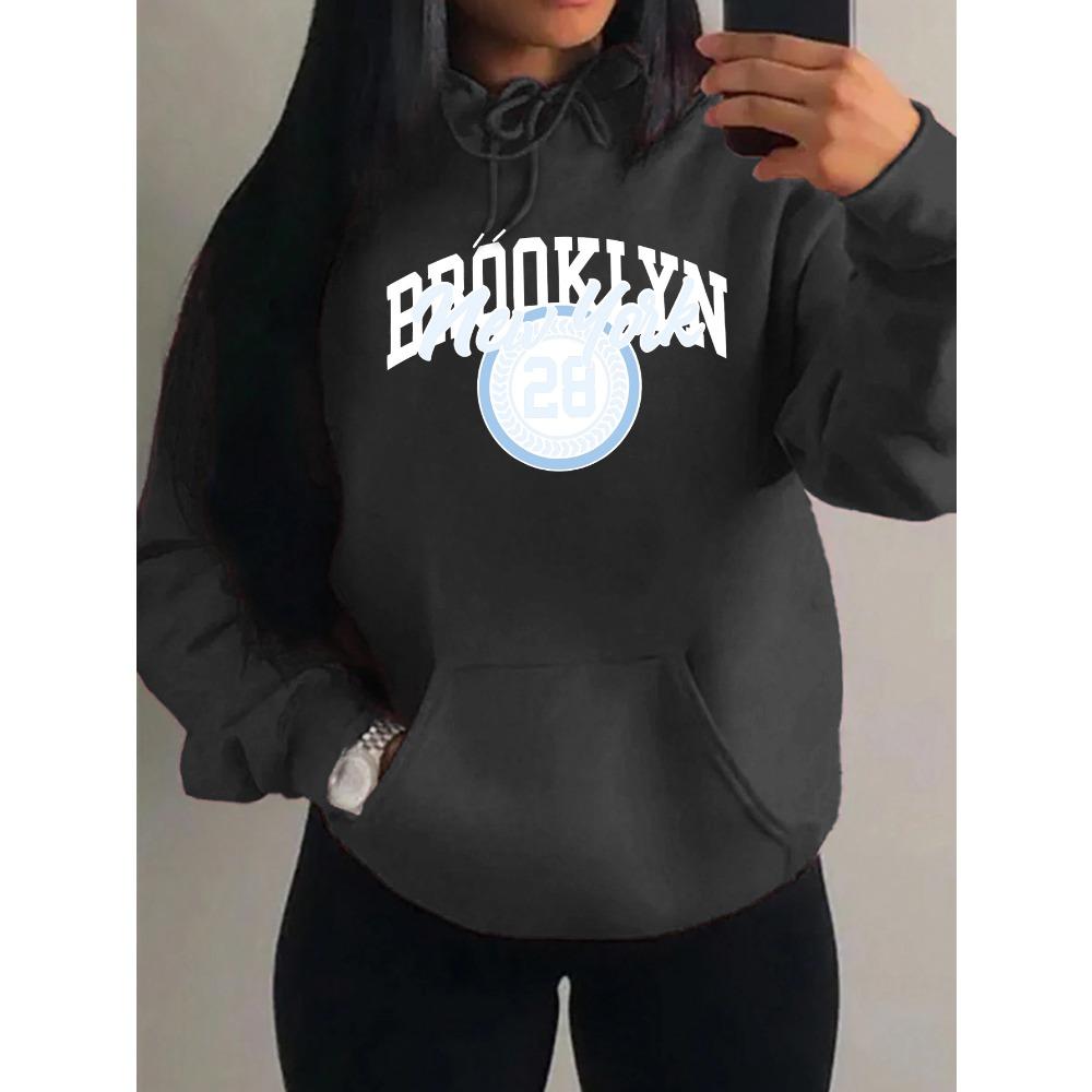 Brooklyn New York Art Letter Number 28 Design Women Hoody Autumn Casual Loose Hoodie Fleece Pocket Streetwear