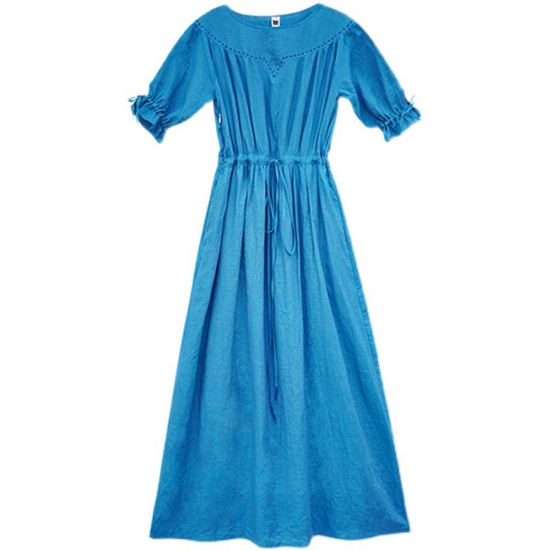 2025 Summer New Cotton and Linen Dress Women's Loose Temperament Thin Lace-up Round Neck Short-sleeved Long Dress Women