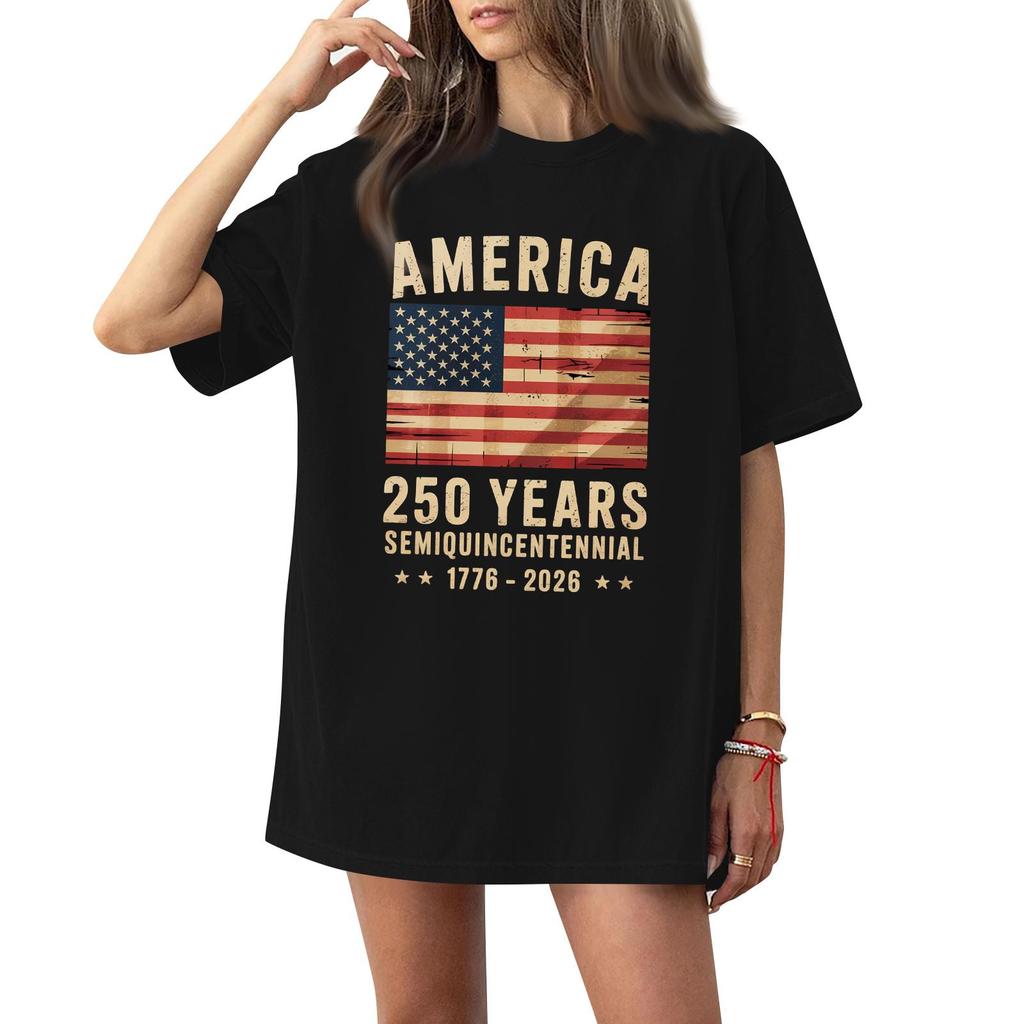 Women's Casual Fashion Round Neck Casual American Flag Print Short Sleeve T-Shirt Top