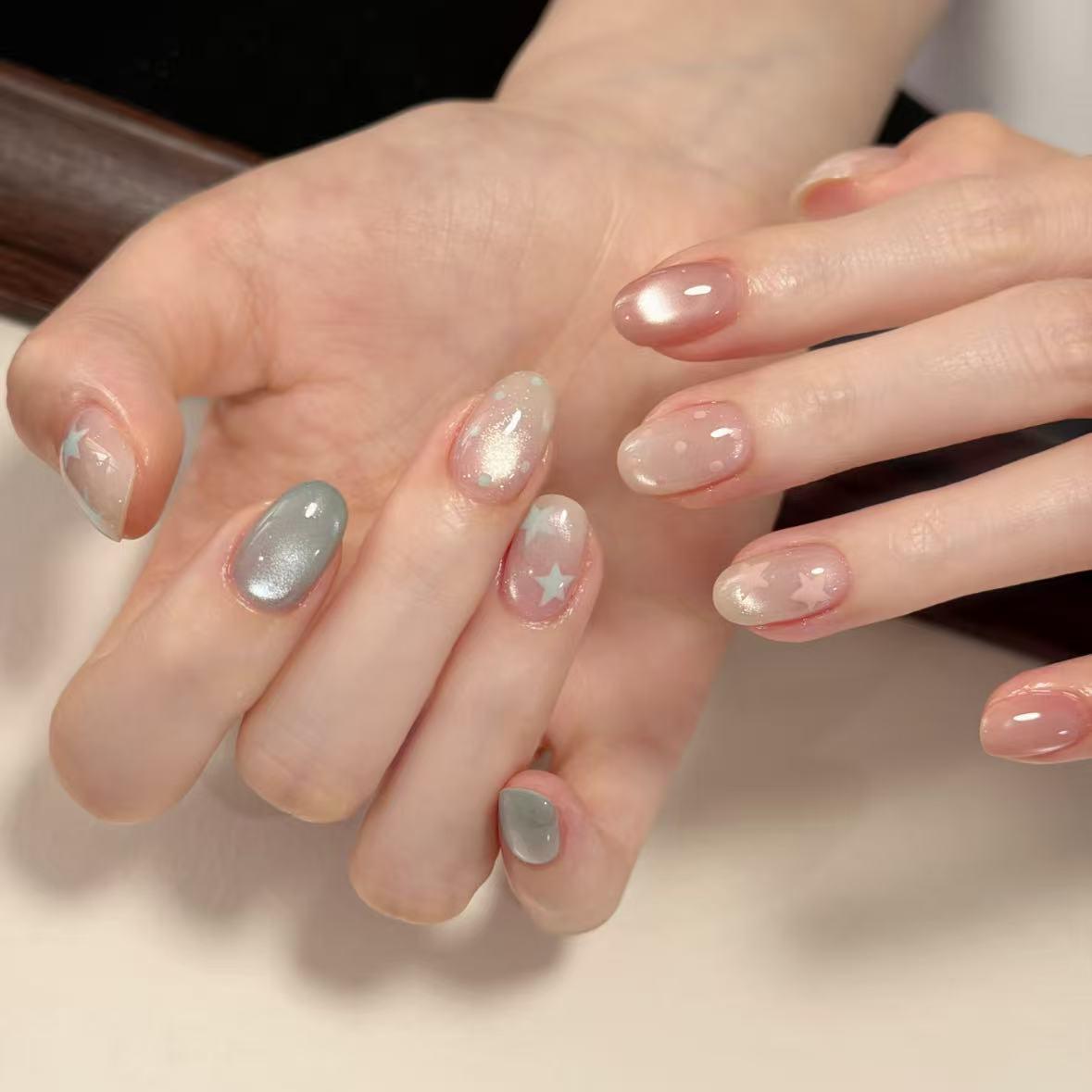 Ice Clear Nude Pink Mint Cat Eye Handmade Short Press-On Nails - Trendy and Elegant Style