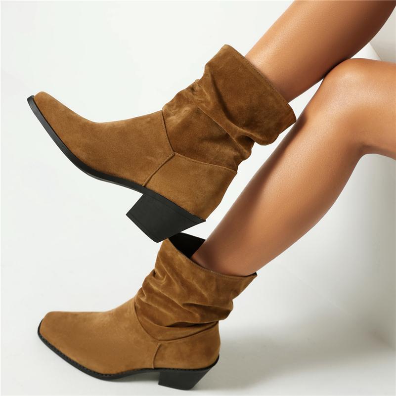 Dámské kotníkové boty hranatá špička silný vysoký podpatek plisované krátké boty stručné dámské módní boty zimní černé khaki hnědé 43