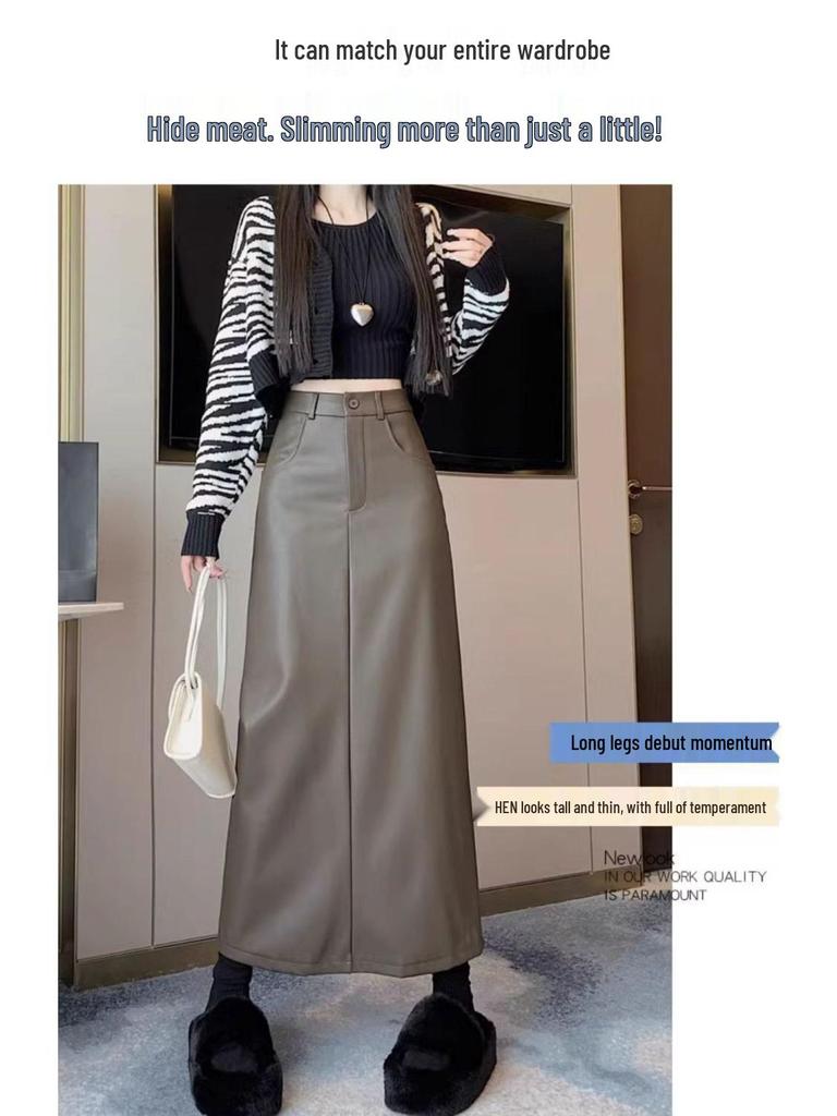 2025 A/W Women's Retro PU Leather Slit A-Line Mid-Length High Waist Skirt