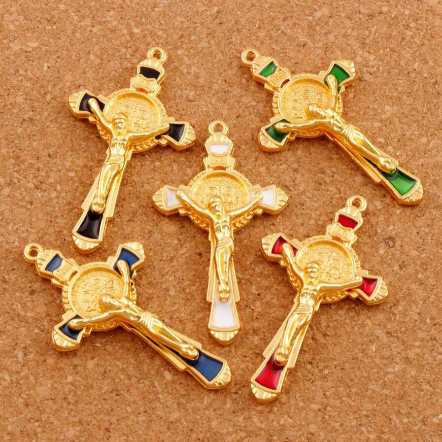 6Pcs 5Colors Enamel Saint Benedict Medal Cross Crucifix Spacer Charm Beads Pendants L1670