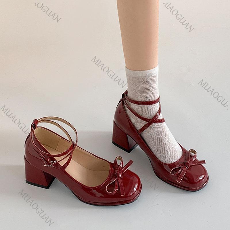 Fashion Women Pumps Thick High Heels Shoes Red Mary Jane Female Lolita Square Toe Shoes Spring Autumn New Party Leather Woman's Loafers