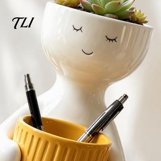 Zen Desktop Flower Pot Smiling Face Plant Pot, Double Planting Space Planter, Cute Resin Holder Sitting Figure Flowerpot for Succulents, Home