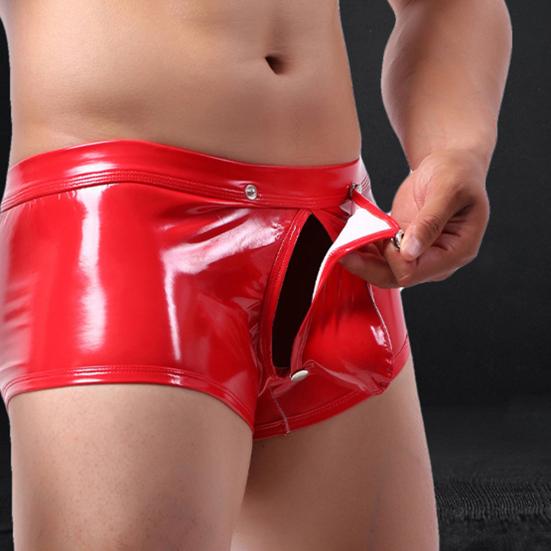 Men Sexy Boxers Smooth Faux Leather Button Closure U Convex Low Waist Elastic Soft Breathable Party Nightclub Underpants Male Underwear