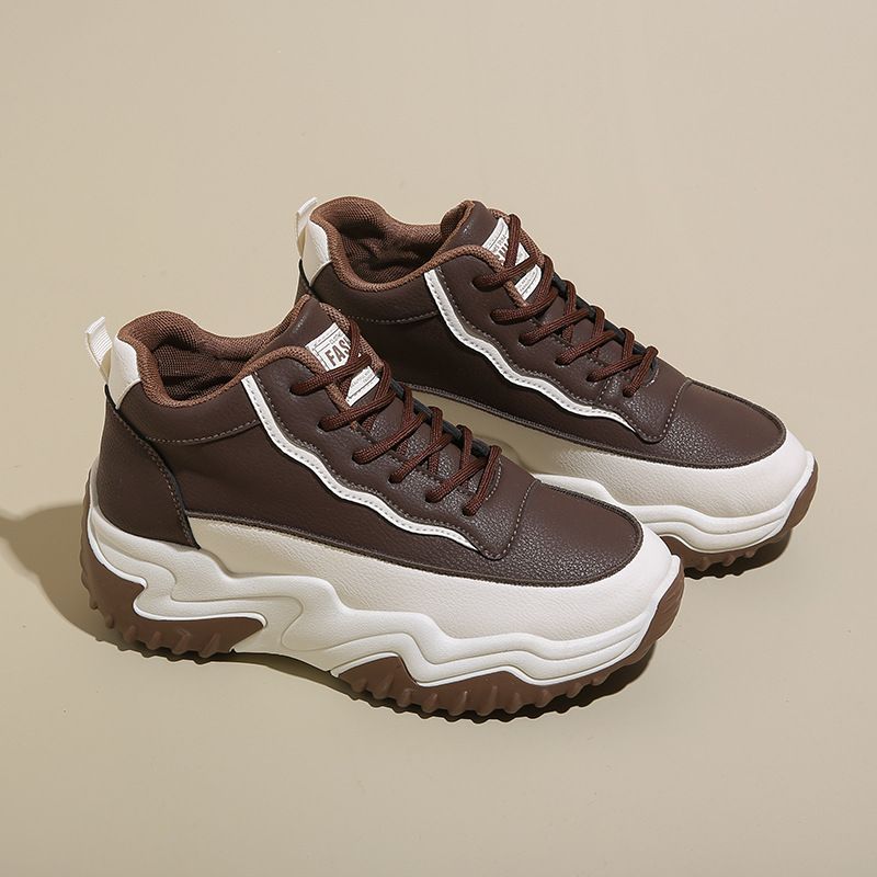 Autumn Women's High Top Lace Up Shoes Korean Style Thick Sole Height Increase Versatile Chunky Sneakers for Sports Casual