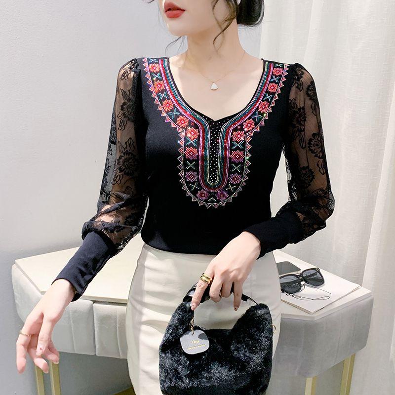 Spring Autumn European Clothes Women's T-Shirt Sexy Lace Long Sleeve Mesh Tops Chic Vintage Luxury Hot Diamonds Tees Shirts