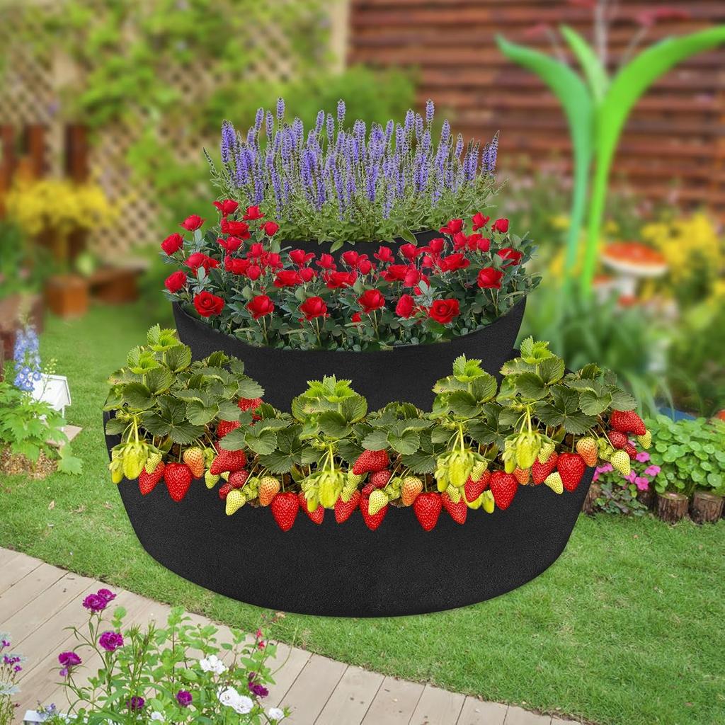 Wenfan 3 Tiered Strawberry Planter Non-Woven Fabric Raised Garden Bed Stackable Strawberry Planter Bag Felt Raised Planter Container for Growing