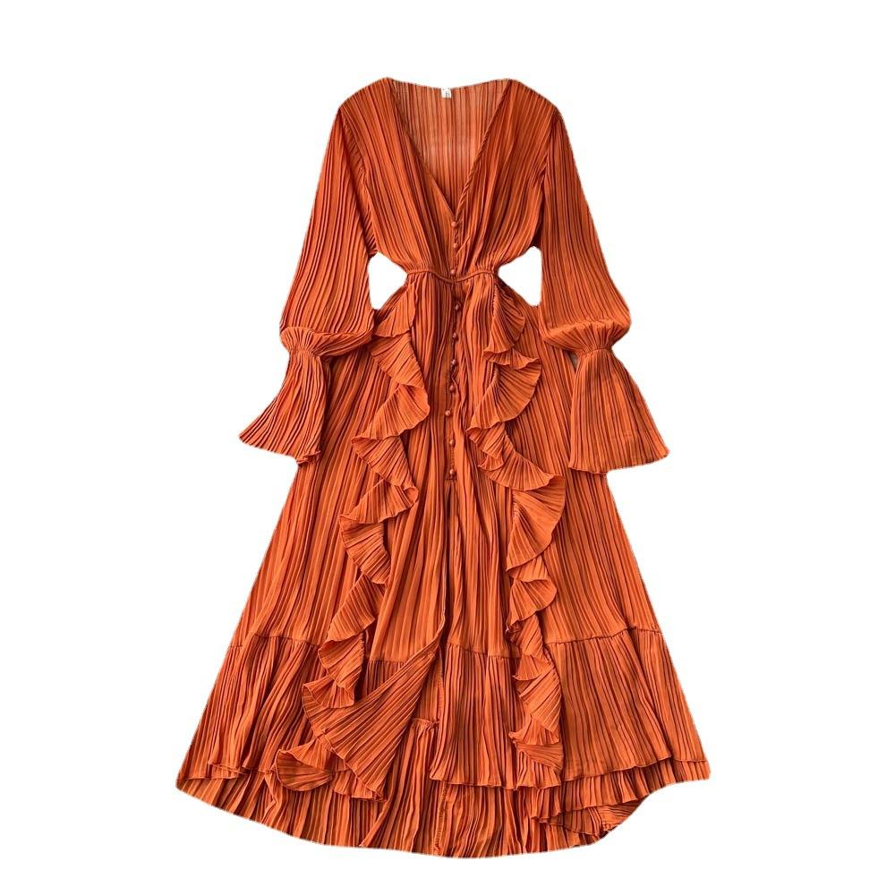 Super Fairy Seaside Vacation Chiffon Long Dress Women's Lotus Leaf Lace V-neck Temperament Pleated Waist Thin Pendulum Dress
