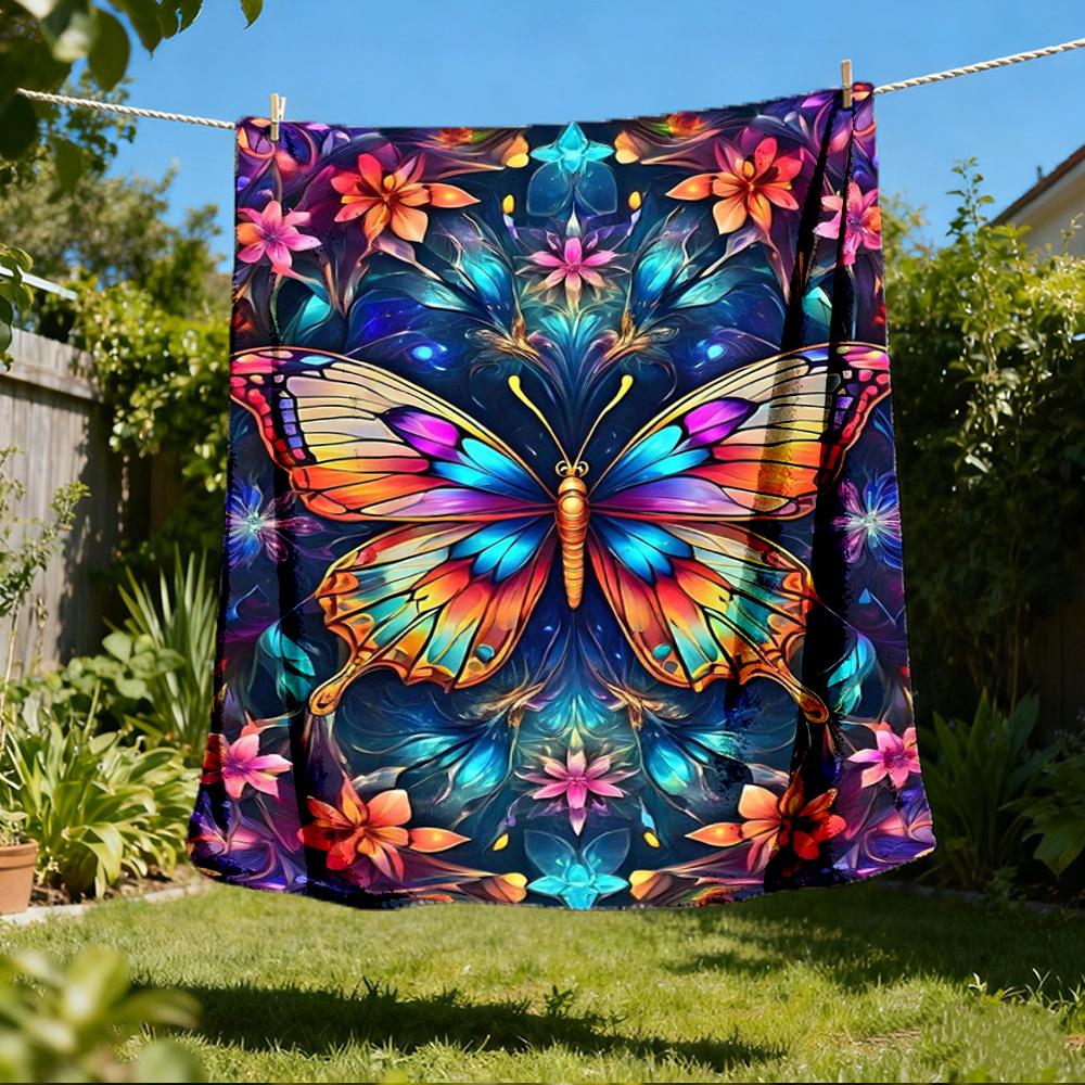 1pc Butterfly Flowers Throw Blanket Polyester Fiber, Lightweight Flannel, Soft & Warm, All Season Use for Outdoor, Camping Digital Print