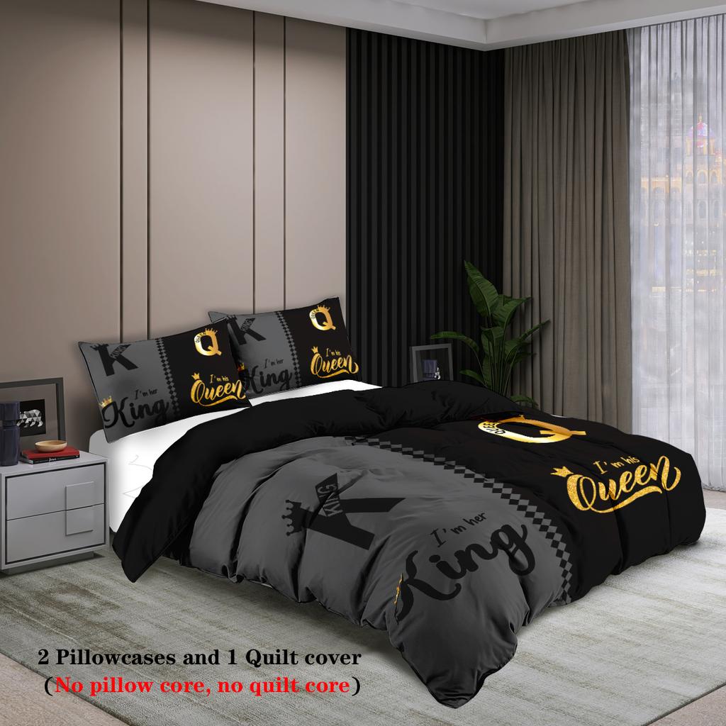3dílná módní černá šedá ložní souprava s potiskem K a Q, měkký, pohodlný a prodyšný povlak na přikrývku, ložnice, hotel