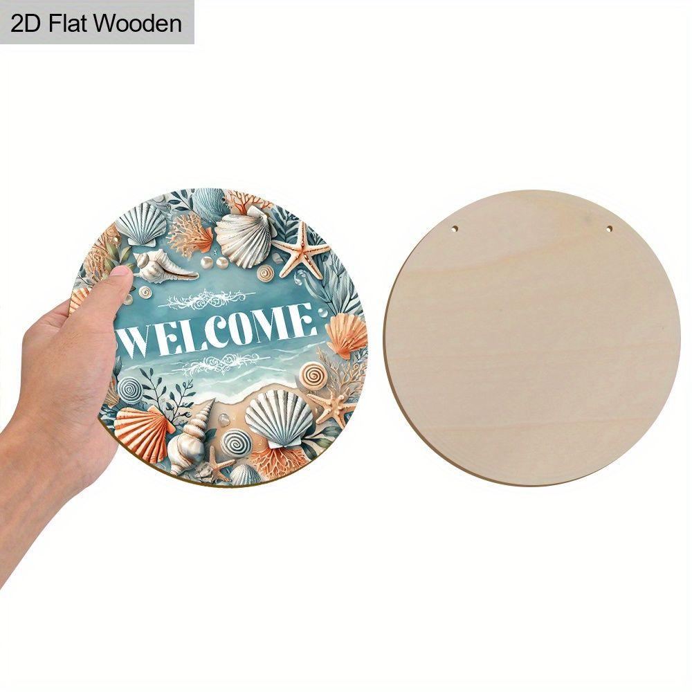 Welcome Seashell Coastal Round Wooden Hanging Sign, 2D Flat Wooden Nautical Front Door Decor