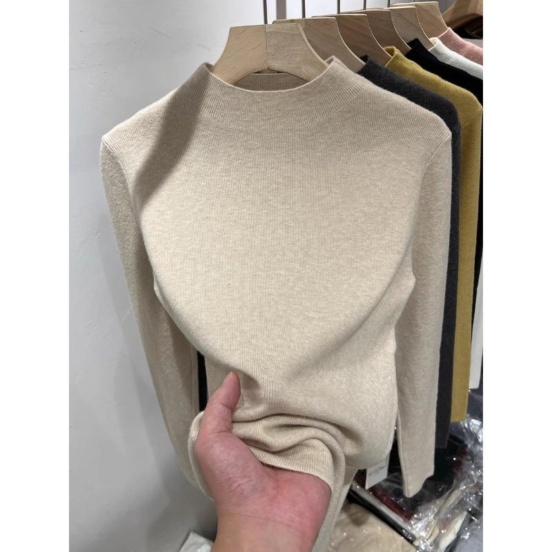 Solid color semi-turtleneck long-sleeved sweater stacked in autumn and winter, simple inner top, slim bottom knitted sweater