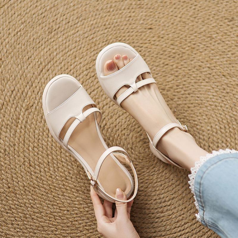 New round head high-heeled sandals casual summer buckle wide strip sandals women's rubber thick sole non-slip large and small size women's shoes