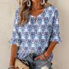 Women's Retro Floral Print Blouse with Ruffle Three-Quarter Sleeves and Tie Front