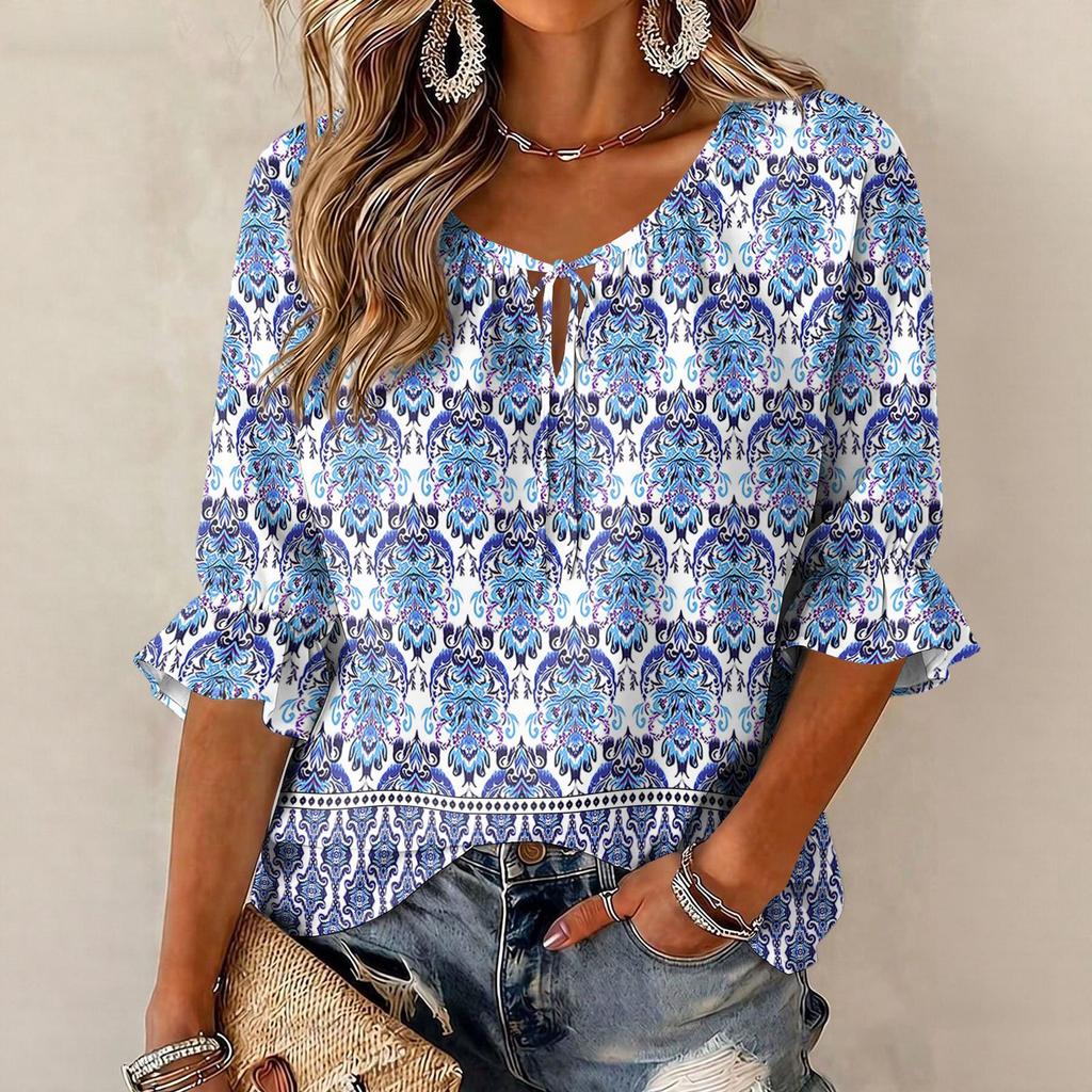 Women's Retro Floral Print Blouse with Ruffle Three-Quarter Sleeves and Tie Front