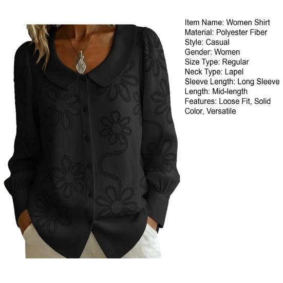 Women Shirt Loose Fit Doll Collar Long Sleeve Buttons Placket Shirt Tops Embroidery Flower Jacquard Pattern Loose Fit Shirt