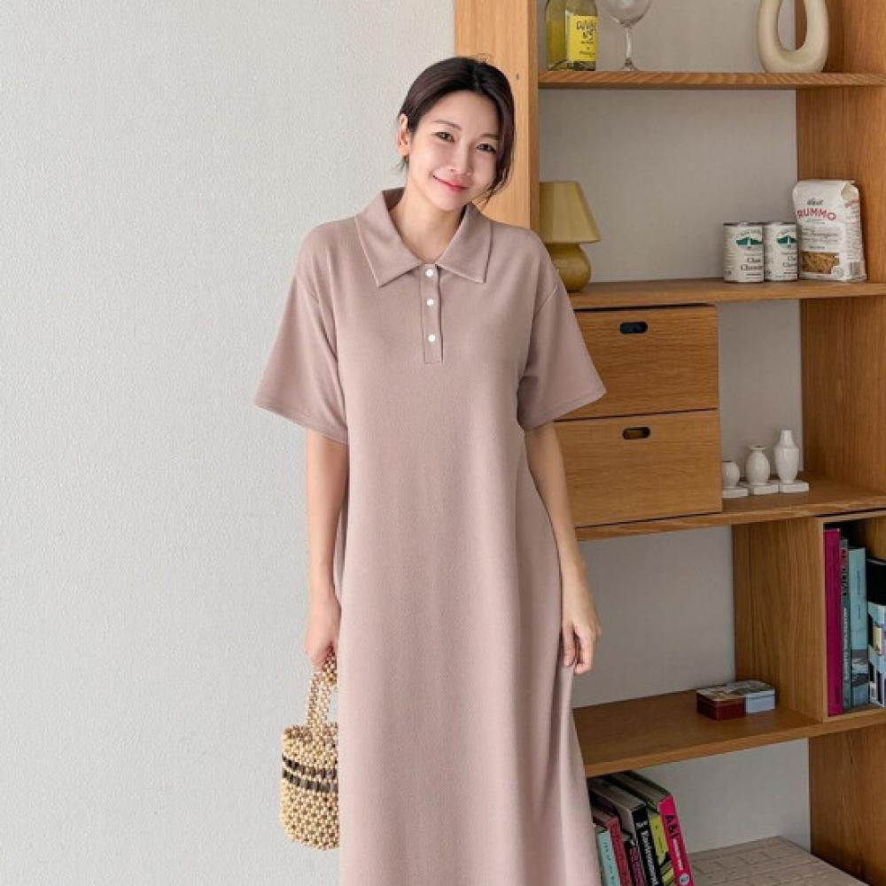 Shop Women CollAr Neck Button HAlf Open A Line dAily Short Sleeve Dress Beige