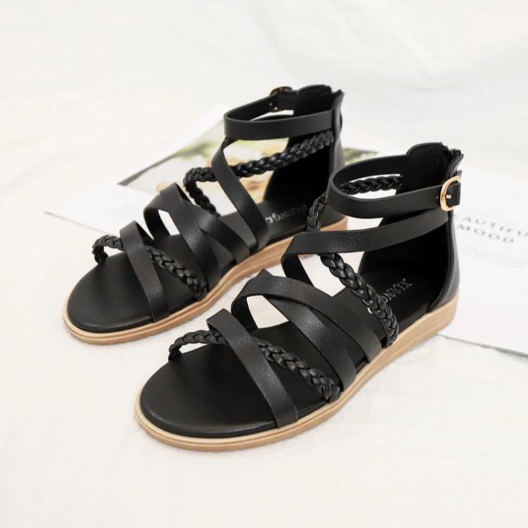 Fashion New Bohemian Style Woven Roman Sandals Women's Summer Casual Flat Bottomed Minimalist Beach Vacation Rivet Thin Band Sandals 42