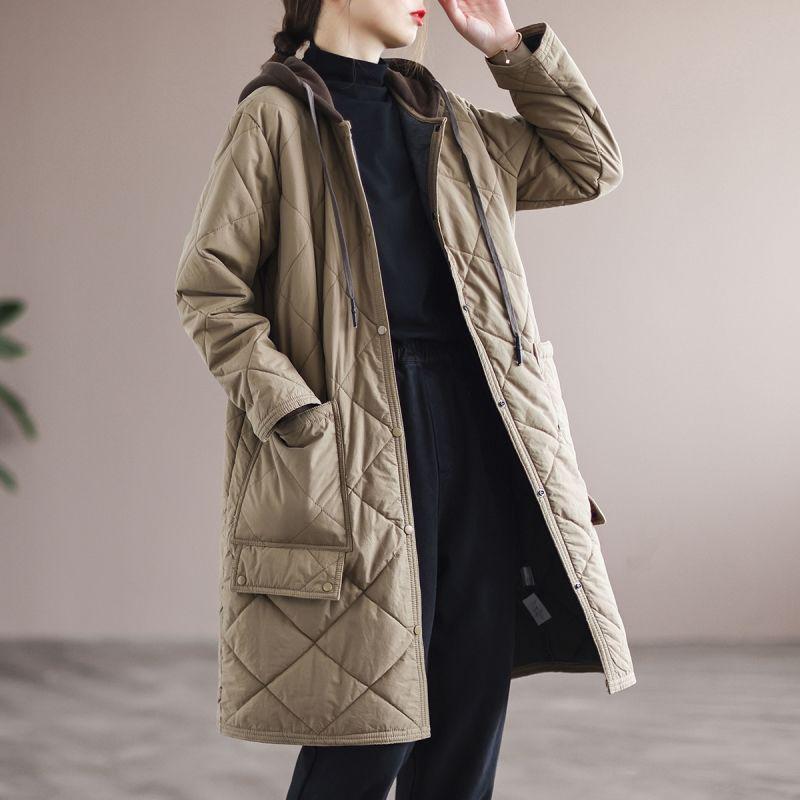 

Off-Season Mid-Length Diamond Pattern Padded Cotton Jacket with Hood - Thick, Loose, and Casual for Autumn and Winter. L (105-120 lbs) хакі