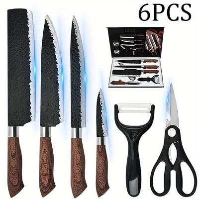 6PCS Stainless Steel Kitchen Knives Set Tools Forged Hammer Pattern Meat Cleaver Stainless Steel Chef Knife Sharp Fruit Paring Knife Gift Case
