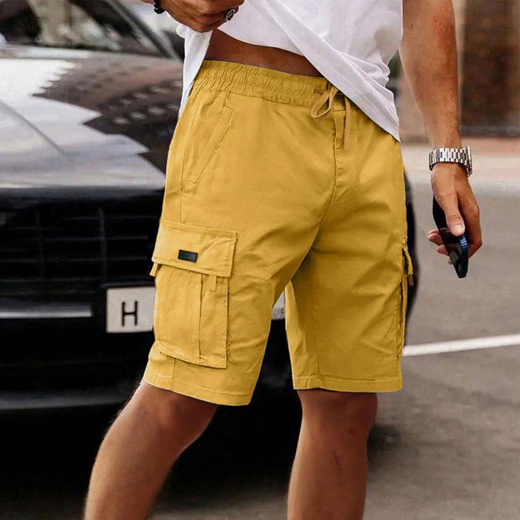 Men's Cargo Shorts Elastic Waist Drawstring  Casual Loose Solid Color Cargo Shorts With Six Pockets