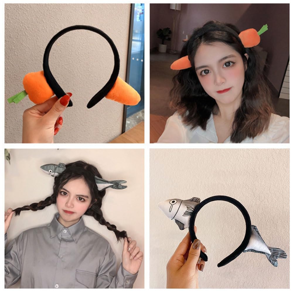 Samcos Headbands, Unique Headbands, Set of 2, Carrot and Fish Designs, Funny and Cute Fluffy Bunny Ears, Animal Cosplay, Halloween, Costume Parties,