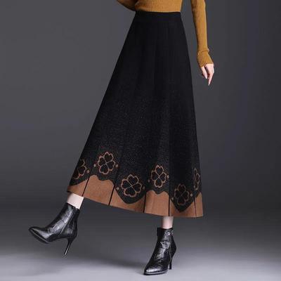 Slim-Fit A-Line Women's Autumn Winter Thickened Knitted Midi Skirt High Waist Embroidered Wool Long Winter Skirt