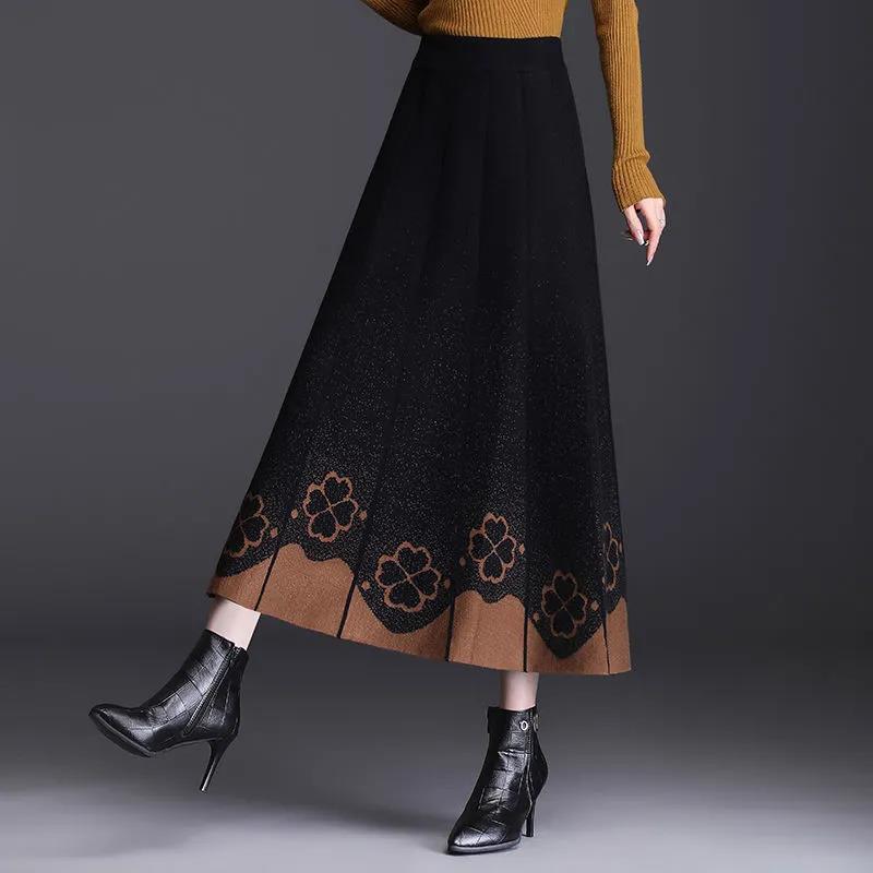 Slim-Fit A-Line Women's Autumn Winter Thickened Knitted Midi Skirt High Waist Embroidered Wool Long Winter Skirt