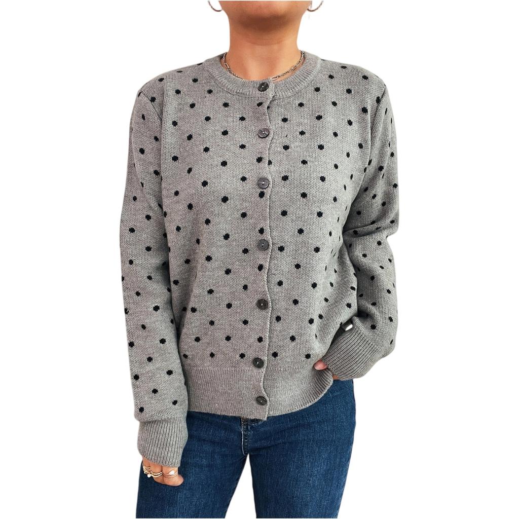 Women's Fashionable Casual Loose And Polka Dot Round Neck Long Sleeved Knitted Cardigan Sweater Jacket