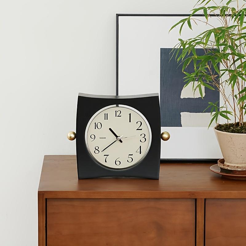 Unique Square Wall Clock with Curved Appearance, Metal Ball Decorations, Rotatable Dial, Beige Face with Black Numbers, Silent Operation, Wooden Frame