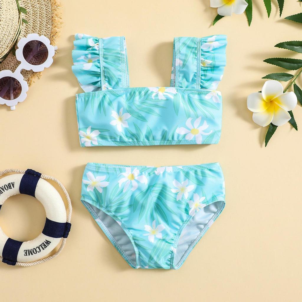 Girls' Floral Two-Piece Swimsuit Set with High Elastic Sun Protection - Parent-Child Matching Style