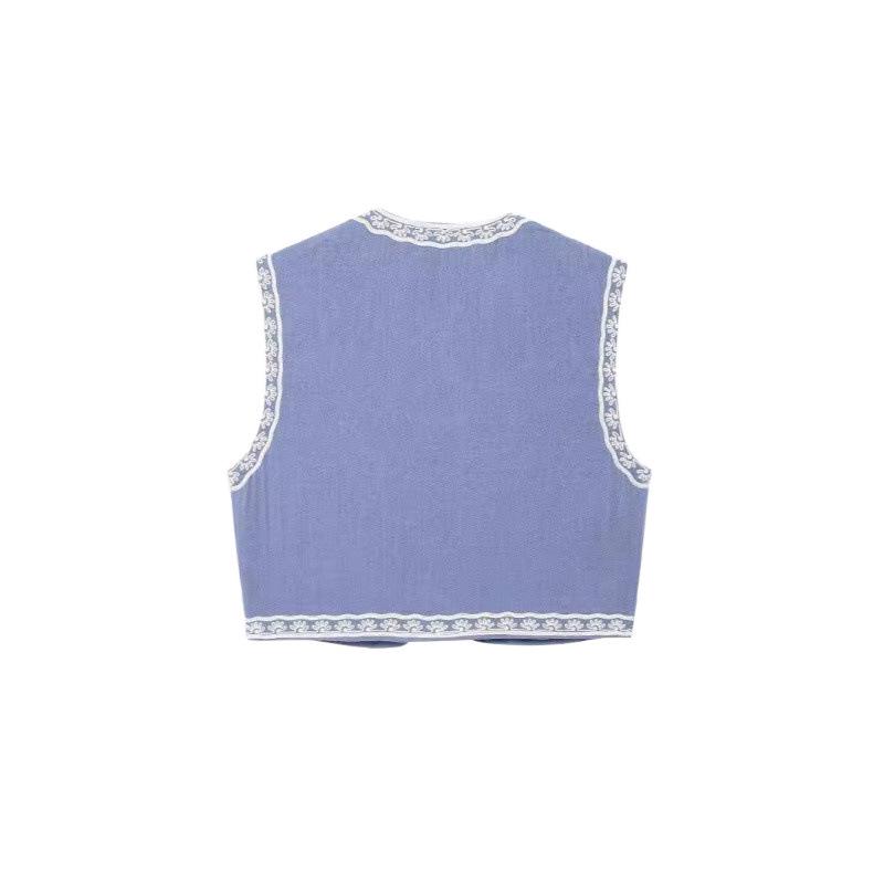 2024 Vintage květinová výšivka Barevný blok Vesta – Jarní bezrukávový top s otevřeným předním dílem