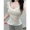 Soft waxy slightly transparent U-neck leaking clavicle top women's summer waist and thin pure desire thin bottom T-shirt solid color short sleeve