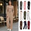 Breathable Matching Sets Women Top Pants Set for Spring Fall, Slim Fit Crewneck Sweatshirt, Everyday Wear Suit Elastic Waist Loose Wide