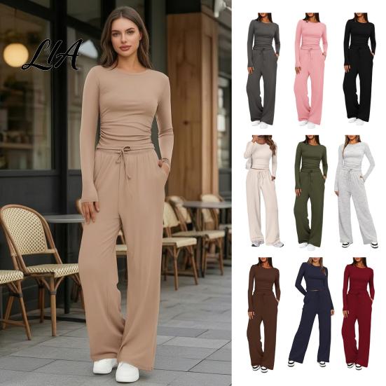 Breathable Matching Sets Women Top Pants Set for Spring Fall, Slim Fit Crewneck Sweatshirt, Everyday Wear Suit Elastic Waist Loose Wide