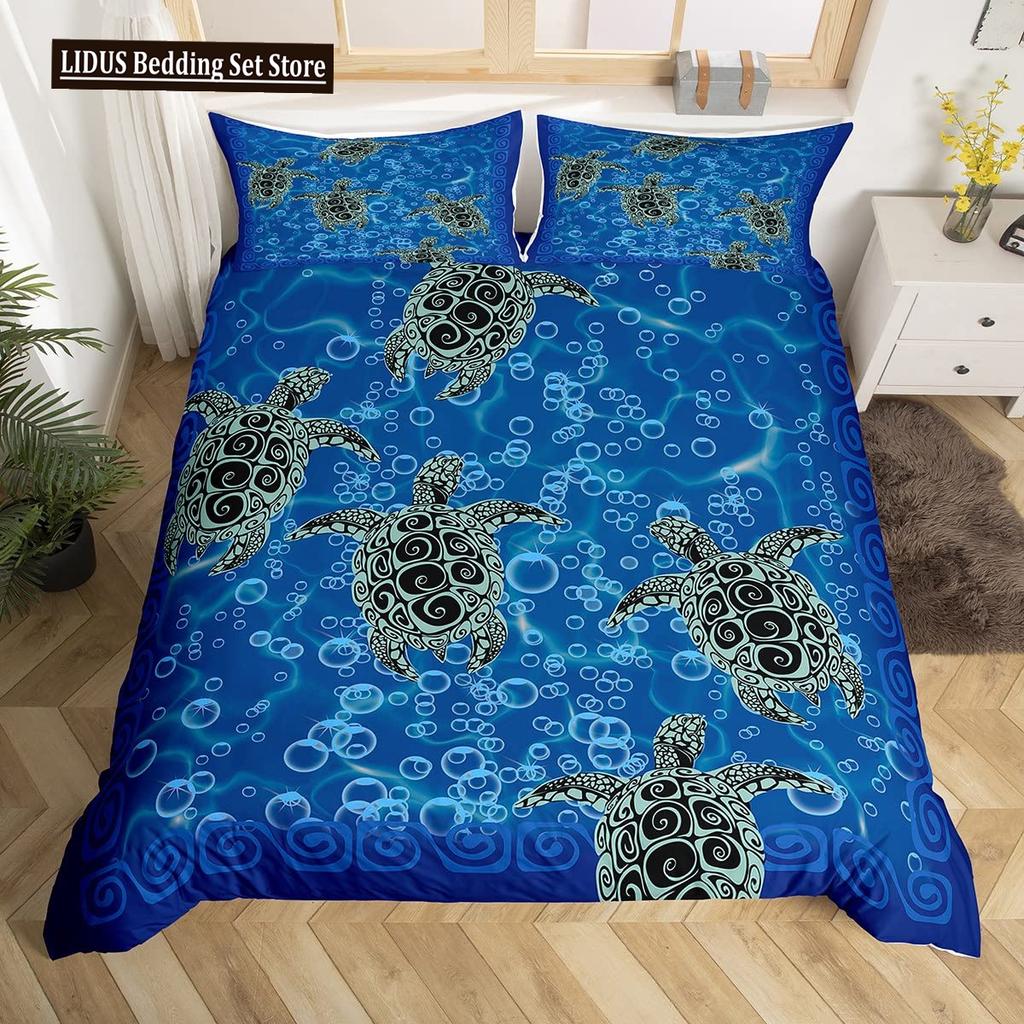 Sea Turtle Duvet Cover Set King Size Watercolor Tortoise Butterfly Comforter Cover For Boys Girly Dreaming Style Bedding Set