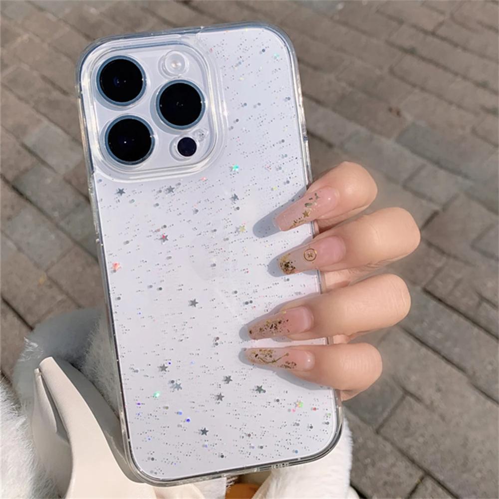 Luxury Bling Star Sequins Glitter Transparent Case For iPhone 16 Pro Max 15 14 13 12 11 XR X XS 7 8 Plus Powder Sparkle Cover