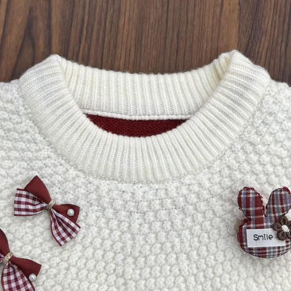 Girl's Red Rabbit Bow Ruffle Knit Sweater - Round Neck, Autumn/Winter Collection