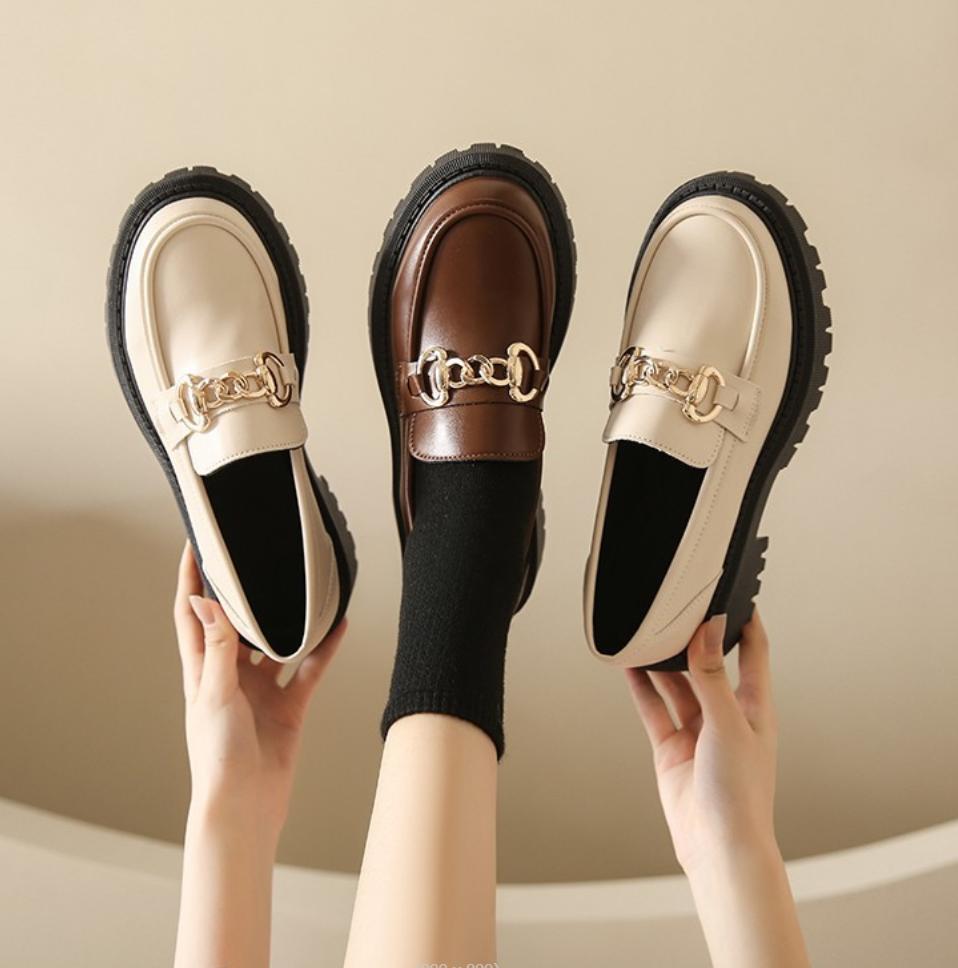 Fashion Chunky Loafers Women Genuine Cow Leather Platform Shoes Round Toe Metal Chain Slip On Ladies Flats Handmade 2024 Creeper Zapatos