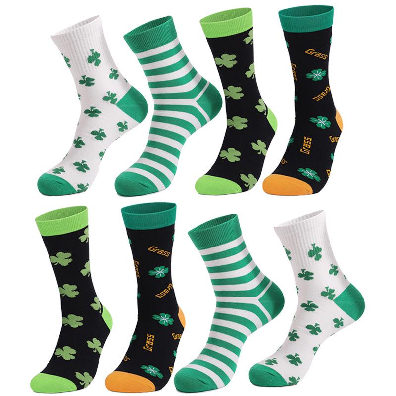 

St. Patrick s Day Green Shamrock Striped Jacquard Mid-Calf Cotton Socks US 11-14
